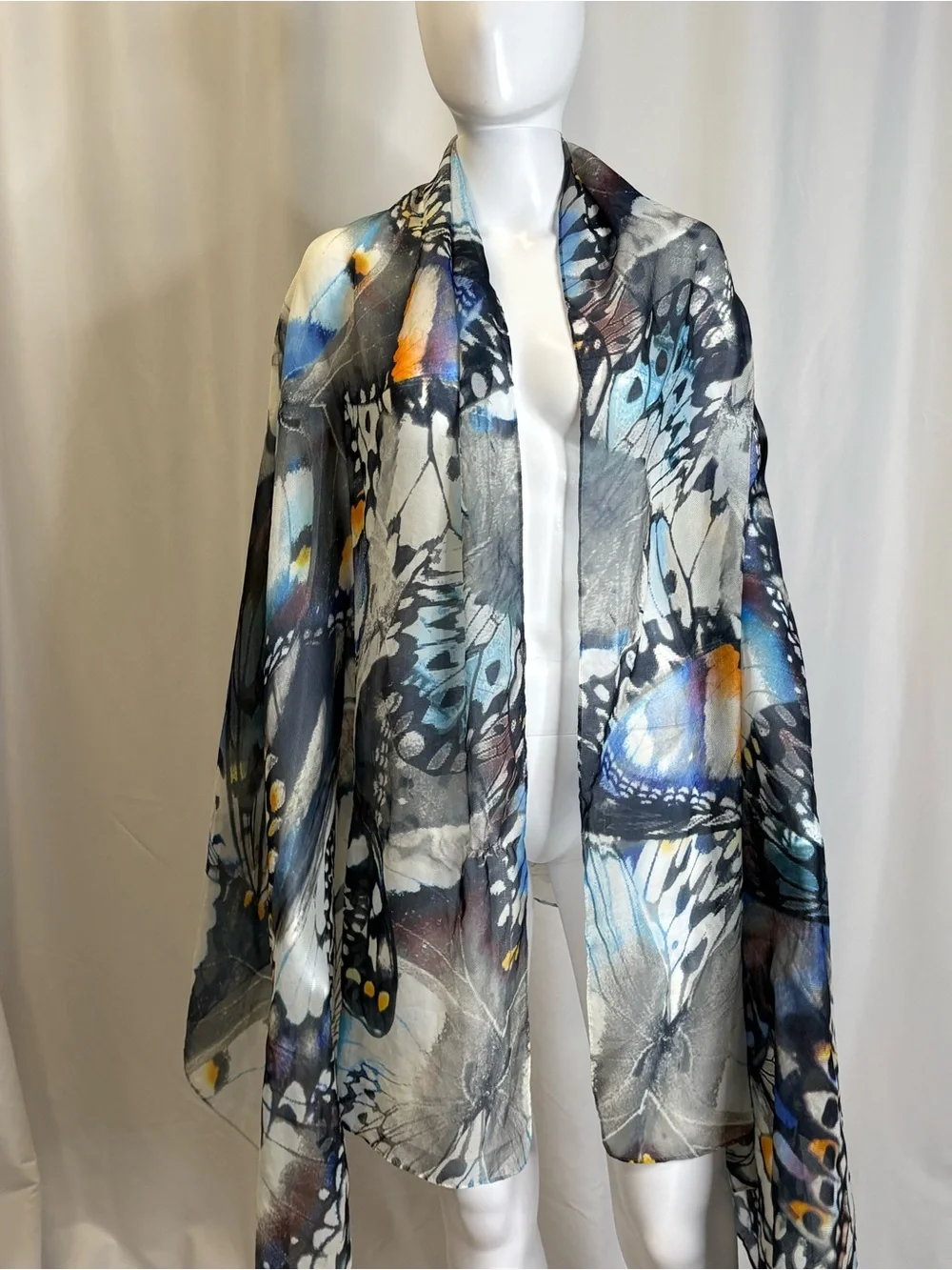 All Over Butterfly Print Rectangle Long Scarf Shawl Wrap Semi Sheer Watercolor